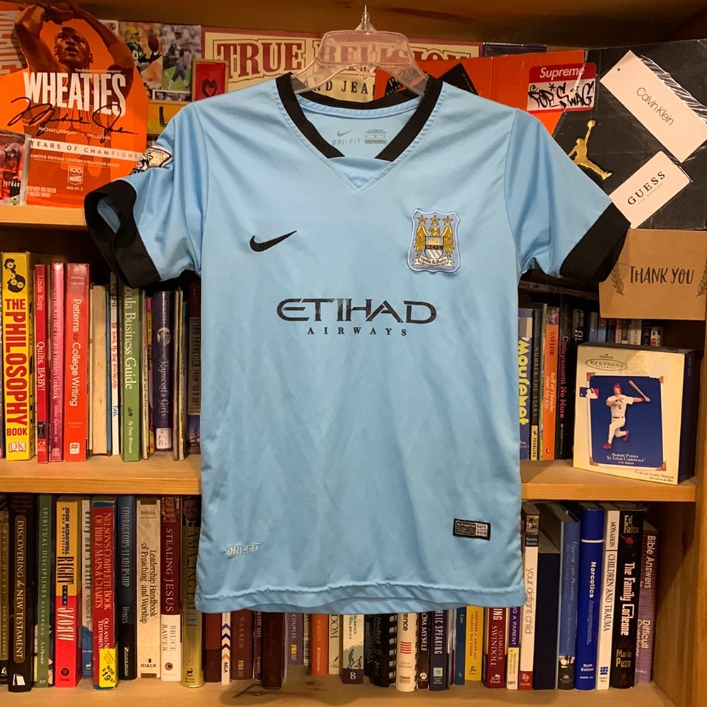 NIKE-youth light blue ‘ETITAD AIRWAYS’ 2014 short sleeve DRI-FIT jersey shirt